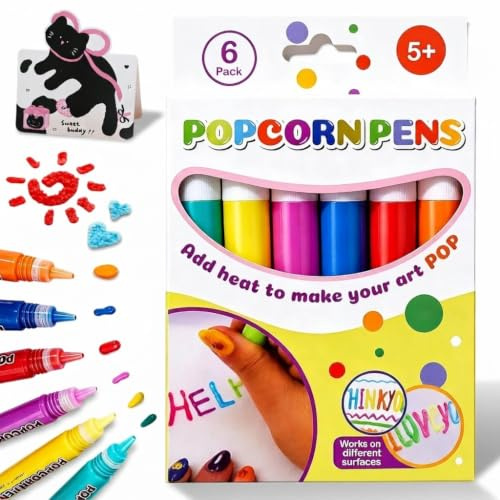 ELMVAR Lot de 18 stylos effet popcorn, 6 couleurs, stylos à dessin 3D sûrs à effet gonflant pour enfants, stylo créatif avec 10 cartes vierges, pour graffitis, coloriage (1PC)
