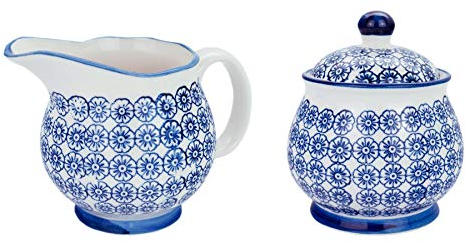 Nicola Spring Hand-Printed Milk & Sugar Set - 300ml - Navy Decorative Porcelain Dishwasher Safe Floral Pattern Milk Jug and Sugar Storage Container Set