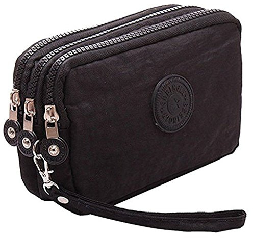 Btoon 3 Layer Zipper Nylon Wallets for Women Wristlet Bag Purse Waterproof Cell Phone Pouch Handbag (Black)