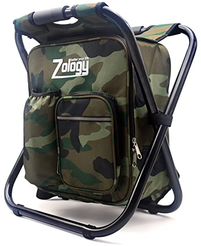 Zology Sitzrucksack Klapp Campingstuhl Hocker Rucksack mit Kühler isolierte Picknick Tasche, Camouflage Portable Wandern Sitz Tisch Tasche für Outdoor Indoor Fishing Travel Beach BBQ