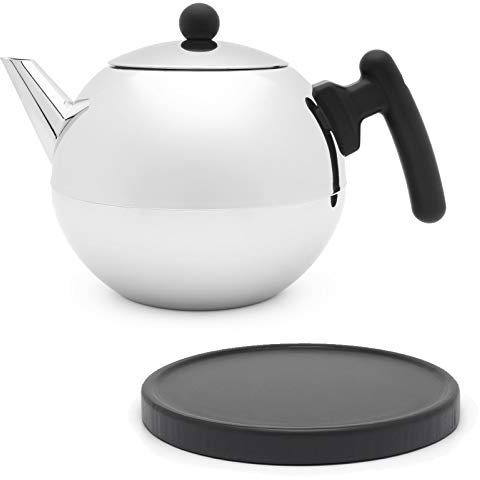 Bredemeijer Bella Ronde Edelstahl-Teekannen-Set 1,2 L - Doppelwandige Edelstahlkanne in Kugelform, silber - Mit schwarzem Untersetzer, ohne Siebeinsatz - ideal für Teebeutel & losen Tee