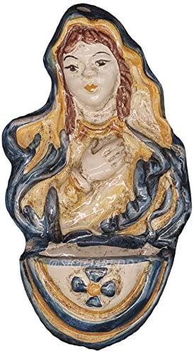 sicilia bedda - Acquasantiera in Ceramica di Caltagirone - Prodotto interamente a Mano di Alta qualità (Madonna Blu e Arancio 12x7)