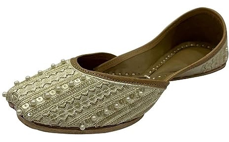 Stop n Style Designer Flat Shoes Mojaris Traditional Indian Jutis Punjabi Jutti Ballet Ballerina Shoes, Cream Gold, 9.5