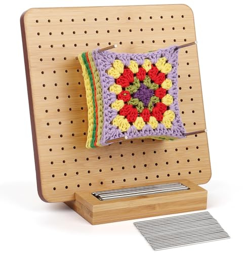 Coopay Planche de Blocage Crochet, 20x20cm Bloqueur Granny Square Crochet avec Feuillure, Planche Blocage Crochet Carré Granny en Bois, Accessoires de Crochet Tricot, avec 20 Tiges de Métal