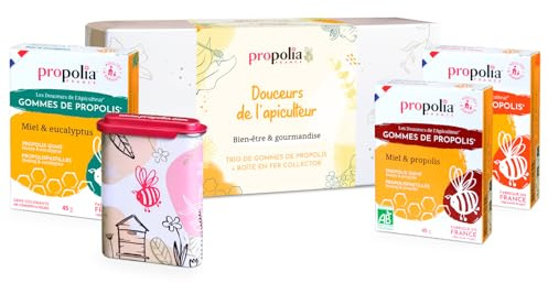 PROPOLIA - Coffret Cadeau - Coffret Douceurs de l'apiculteur - Gommes de propolis 3 saveurs - Miel - Eucalytpus - Gingembre & Citron - Boite rechargeable offerte - Fabriqué en France - 1 lot
