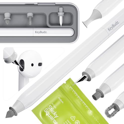 KeyBudz Air Care 2.0 AirPods Kit de Nettoyage pour AirPods, iPhone et appareils Apple avec carrés Autocollants, étui Rigide et étui de Voyage breveté avec brosses interchangeables