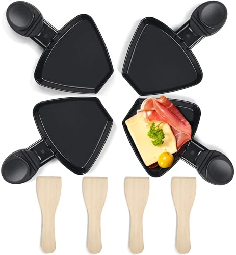 HengBO Mini Sartenes Pequeñas Para Raclette Grill Con 4 Espatula Cocina Madera y Revestimiento Antiadherente Acero Para Raclette con Asa Aislante,Disponible En Piedras Asar Carne