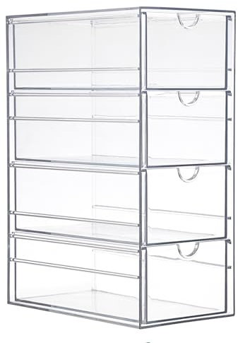 SUMTree Scatola organizer da scrivania trasparente con 4 cassetti, in plastica, impilabile, contenitore per accessori per capelli, per bagno, armadio, scrivania, ufficio, 25 x 17,5 x 10,5 cm