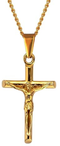 DVRK® Crocifisso Collana Uomo Oro 18k con Base in Acciaio Inossidabile 316L - Collana Croce Uomo 55 cm Resistente all'Acqua - Catena, Rosario, Gold Crucifix, Cross, Regalo