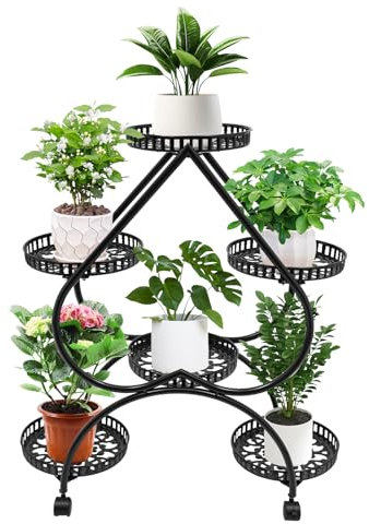RUETERY Support de fleurs à 4 étages pour 6 pots de fleurs, escalier en métal avec 4 roues universelles en forme de cœur, pour salon, bureau, balcon, terrasse