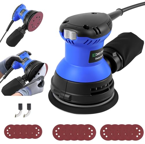 Electric Hand Held Orbital Sander, 300W Powerful Motor 5 Inches Sander with Dust Collector, 15Pcs 125mm Sandpapers, 6 Variable Speed Control, Multi Sanding Machine for Polishing Wood, Car, DIY