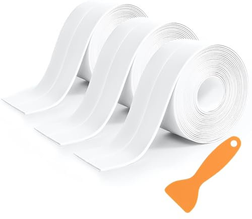 3 Rolls Bath Sealant Strip, Self Adhesive Anti Mould Waterproof Sealant Tape, Caulk Strip Sealing Tape for Bathroom, Kitchen, Bathtub, Shower with Sealing Tool - White