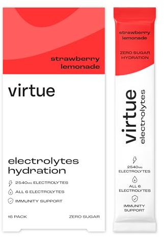 Virtue Électrolytes Sachets d’hydratation | Zéro sucre | 6 électrolytes, sels minéraux hydratants, vitamine C (Pack de 16, Limonade Fraise)