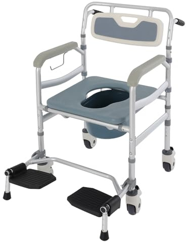 Toalettstol med hjul, toalettrullstol, justerbar höjd, duschstol med toalett för seniorer, mobil toalettrullstol, med armstöd, ryggstöd och toaletthink upp till 150 kg (yta)