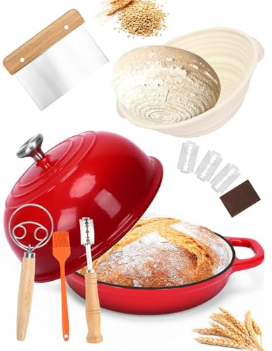 GFTIME Cast Iron Dutch Oven with Lid, Bread Baking Pot with Proofing Basket, Single Cutter, Dough Mixer, Sourdough Baking for Kitchen, Braising, 5 Quart, Red