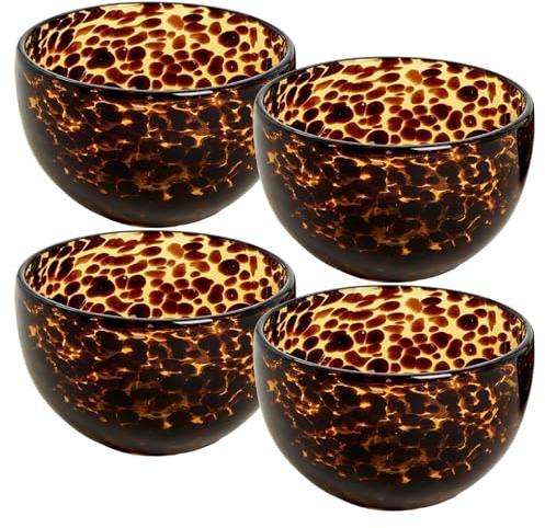 SiliFine 4 Pcs Tortoise Shell Pattern Bowls Brown 4 Inch Tortoise Leopard Print Glass Bowl for Kitchen Serveware and Accessories Small Bowls for Bouillon Dishes Dessert Fruit