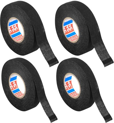 4 PcsCinta Aislante Termica para Cables, Cinta Adhesiva de Tela Extra Fuerte Negra para Arneses de Cableado Fijación de Mazos de cables de Automóviles Moto Vehículos (19 mm x 15 m/15 mm x 15 m)