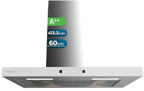 Cecotec Cappa Aspirante a T Bolero Flux TT 604400 Inox A++, 60cm, 413,3m³/h Aspirazione, Classe A++, Controllo Touch Invisibile, Hand Movement Control, Funzione Booster, Filtri Lavabili