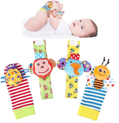 Satiskid - Juego de 4 calcetines con sonajero de muñeca, juguete suave para bebés de 0 a 6 meses, accesorios para bebés de animales con abeja, escarabajo, elefante, mono