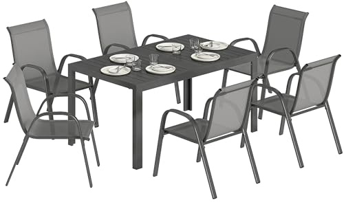 Outsunny Set Tavolo e Sedie da Giardino 7 Pezzi, Set Pranzo Esterno con Tavolo Rettangolare, 6 Sedie Impilabili in Texteline, Set Mobili da Giardino per Terrazza Balcone Patio, Grigio Chiaro