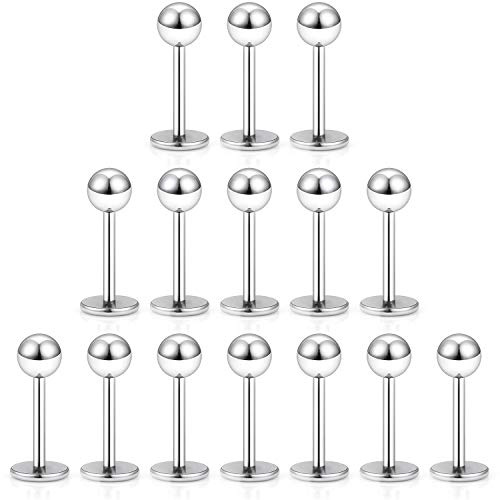 Dyknasz 15PCS 20G Stainless Steel Lip Rings Labret Studs Piercing Monroe Studs Ear Tragus Helix Cartilage Earring Jewelry 6mm Bar Length Silvertone for Women Men