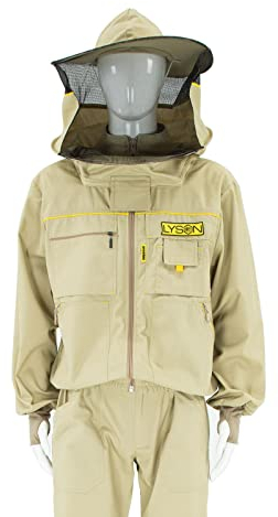 LYSON Imkerbluse mit abnehmbarem Hut/Imkerjacke mit Handstulpen mit Daumenloch Unisex Imkerbluse belüftet Professionelle Imkerbekleidung Imkerjacke mit Reißverschluss PREMIUM (L, Beige)