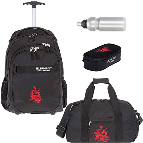 4 Teile Set Trolley Elephant Hero Signature Schultrolley Rucksack Trolly Sporttasche Mäppchen Flasche 12771 (Dragon Red (Schwarz) 4 Teile tsmbf)
