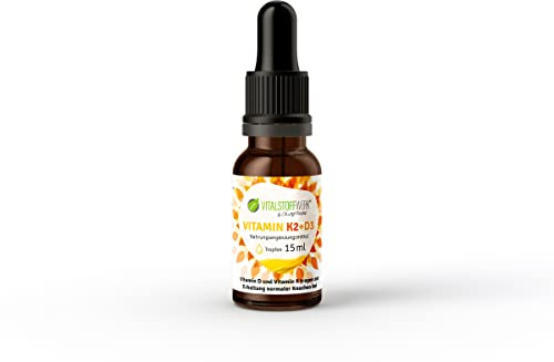 Vitamin K2+D3 Tropfen, 15 ml, VITALSTOFFWERK®, Vitamin K2 und D3, Sonnenvitamin, Tagesportion entspricht 2 Tropfen, hohe Bioverfügbarkeit, vegan, essentiell für die Gesundheit