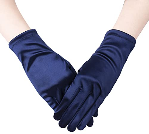 JISEN Kurze Satin-Handschuhe für Damen, Bankett, Party, Hochzeit, Brauttanz, bunte Fäustlinge, navy, One size