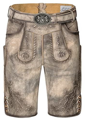 Schöneberger Trachten Lederhose Herren kurz | Original Wildbockleder Trachtenlederhose Antik/EIS-Grau inkl. Trachtengürtel | Vintage Trachtenhose Karl (54)