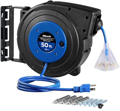 WILAWELS Retractable Extension Cord Reel, 50 FT Heavy Duty Power Cord, 14AWG/3C SJTOW, 3 Grounded Outlets Lighted Triple Tap, 13 Amp Circuit Breaker, UL Listed, Blue U50CR06