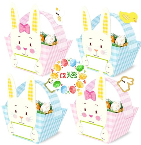 12Pcs Easter Basket With Handle,Easter Egg Hunting Basket Kid Child DIY Craft Gift Basket Rabbit Bunny Shaped Easter Baskets Set Candy Goody Cookie Box Holder For School Classroom Party Favor Supplies