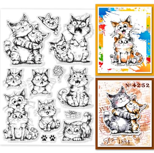 GLOBLELAND Klare Stempel Mit Katzenfreund Lustige Katzen Silikon Klarstempel Siegel Mit Cartoon Katze Transparente Stempel Für DIY Scrapbooking Karten Erstellen von Fotoalben Tagebüchern