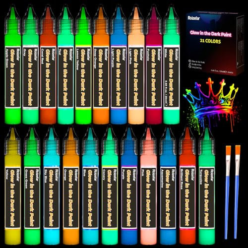 Roizefar Nachtleuchtende Farben 21×20ml, 3D Wasserfest Textilfarbe Farbe, glow in the dark Farben, Fluoreszierende Farbe DIY Stofffarben Klebestift für Kindermalerei, Leinwand Textil