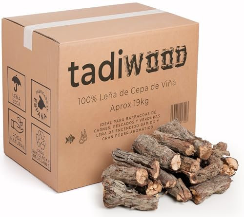 19kg de Leña de Cepa de Viña. Ideal para Barbacoas de Carnes, Pescados y Verduras. Encendido rápido como el carbón y Muy aromático. Hecho en España. 100% Natural sin aditivos.