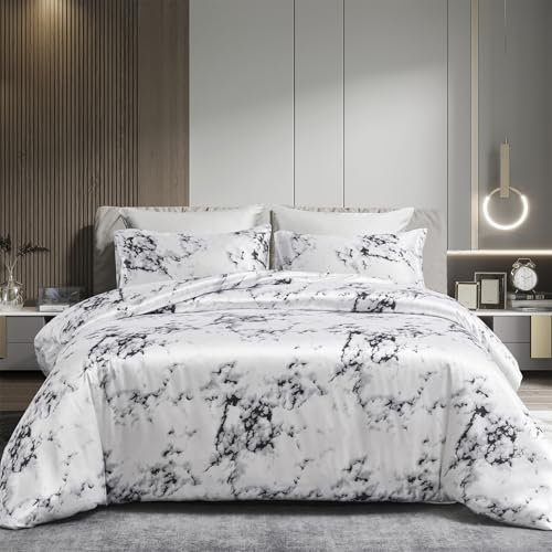 Juego de ropa de cama de mármol de 155 x 220 cm, satén, color negro, blanco y gris, reversible, seda brillante, suave, funda nórdica + funda de almohada de 80 x 80 cm, con cremallera, 3 piezas