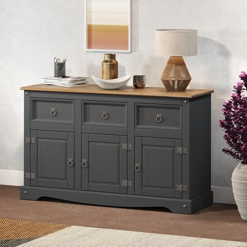 Corona Charcoal 3 Door Sideboard Solid Wood Pine Wooden Painted Dark Grey Dresser Storage Shabby Chic Mexican Style Cupboard Cabinet Hallway Kitchen Living Dining Room 76cm High 125cm Wide 40cm Deep