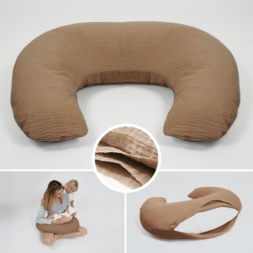 PaLulli® Musselin Stillkissen Stillkissenbezug aus 100% Musselin Baumwolle - Stillkissen für Baby, Stillhörnchen Baby, Stillkissen Atmungsaktiv & Waschbar, Stillkissen (Braun)