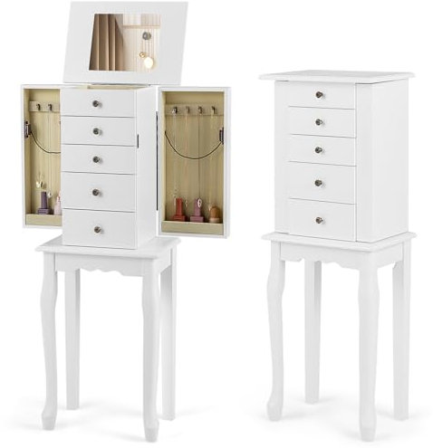 RELAX4LIFE Standing Jewellery Cabinet, Jewelry Armoire Organizer with Flip Top Mirror, 4 Drawers, 2 Side Swing Doors, 8 Necklace Hooks & 2 Shelves, Wooden Cosmetics Jewelry Box Storage Chest Unit