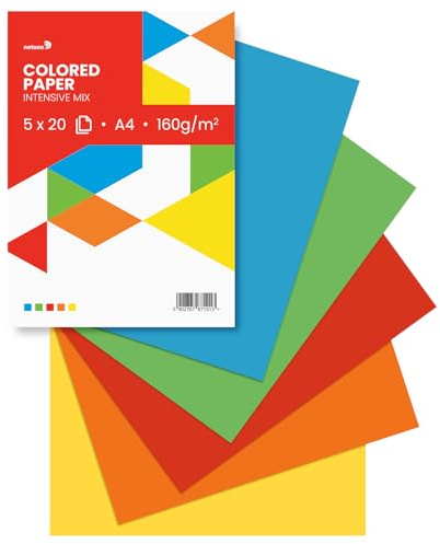 Netuno 100 ark färgat papper intensiva färger (5 x 20) DIN A4 21 x 29,7 cm 160 g pappersblandning blandade färger färgglada blad set tonteckpapper pysselpapper färgglada för kreativa projekt blanka