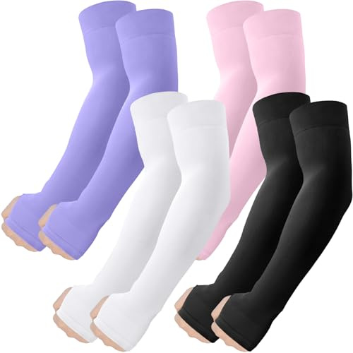 ROXUN 4 Pairs Arm Sleeves with Thumb Hole, Cooling UV Protection Compression Tattoo Cover Up for Men/Women Black+White+Purple+Pink
