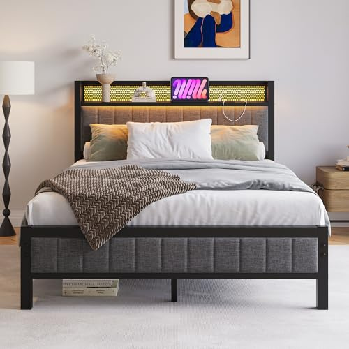 BORPHOM Struttura per letto con LED, stazione di ricarica, letto matrimoniale/singolo, letto per ospiti in metallo, letto imbottito, 120x200, struttura in metallo, letto per ragazzi con rete a doghe
