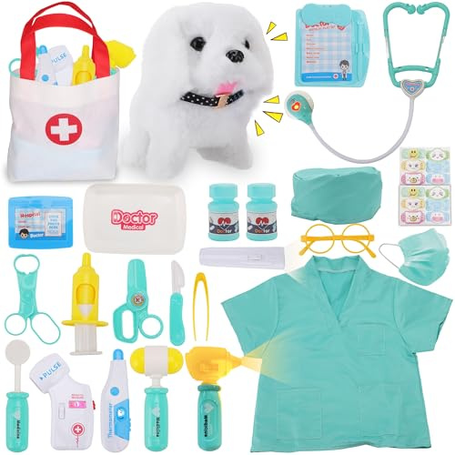 TEUVO Malette Docteur Enfant, Veterinaire Enfant avec Blouse de Médecin, Stéthoscope, Thermomètre, Seringue, Médical Jeu d'imitation Jouets de Rôle 25 pièces, Cadeaux Jouet Enfants 2 3 4 5 6 7 8 Ans