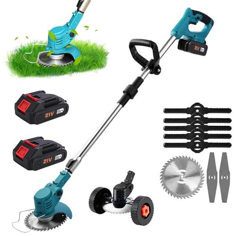 Coupe Bordure sans Fil avec Batterie,Debroussailleuse Electrique sans Fil,Tondeuse à Gazon Pliable avec 2 Batteries et Lames 5，pour Jardins, pelouses et Terres agricoles (Deux Batteries)