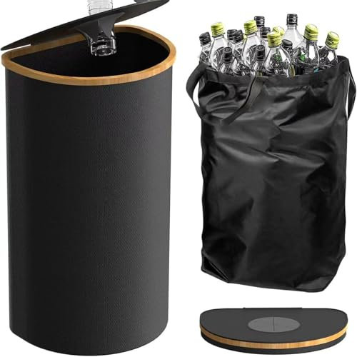 100L Bottle Bins with Lid, Large Deposit Bottles Collection Container with Portable Bag, Reusable Recycling Bins for Home Kitchen Storage Room to Store Plastic Bottles Glass Bottles,Black-42*32*76cm
