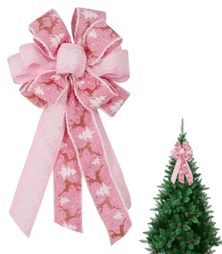 DAVBNM Christmas Tree Topper, 21.3x11.1 Inches Large Pink Toppers Bow for Xmas Home Decoration