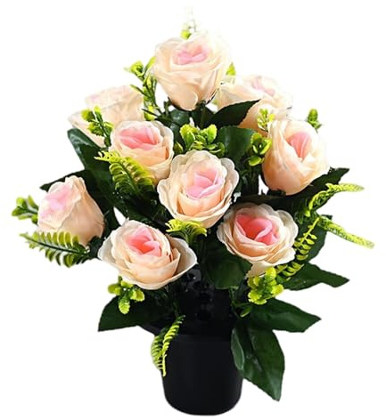 Flores de cementerio de rosas artificiales, 12 cabezas de flores de seda para tumba con maceta, decoración de lápida resistente a la intemperie de 15 pulgadas para lápidas y monumentos conmemorativos