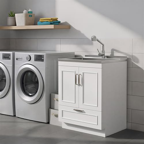 SIMPLIHOME Cardinal All-in-One 28 inch Wide Utility Sink and Laundry Cabinet in Glacier White Finish, Transitional Stainless Steel Sink Cabinet for Laundry Rooms with Pull-Out Brushed Nickel Faucet