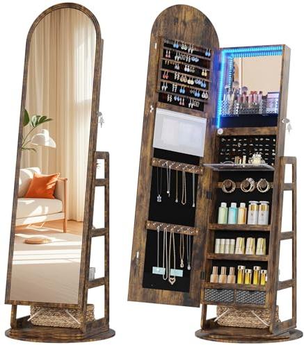 HWB LED Mirror Jewelry Cabinet, 360° Swivel Jewelry Organizer Standing, Arched Wide Full-Length Mirror with Storage Shelves, Interior Mirror, Wood Jewelry Armoire for Lady Girls, Brown