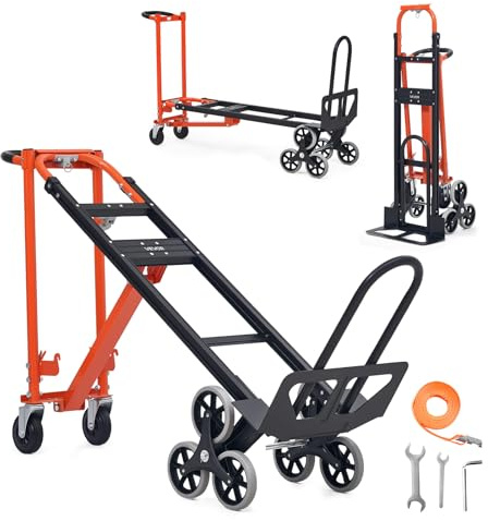 VEVOR 3 in 1 Industrial Convertible Stair Climbing Cart, 770 lbs Max Load, Folding Hand Truck Dolly with Handle & Wheels, Stair Climbing Utility Trolley for Transport & Moving, Orange & Silver